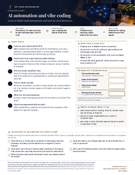 First page of the AI automation and vibe coding starter sheet