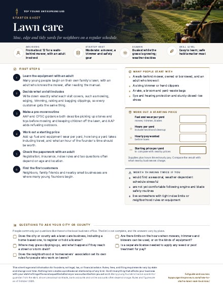 First page of the Lawn care starter sheet