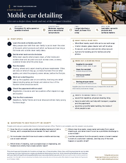 First page of the Mobile car detailing starter sheet