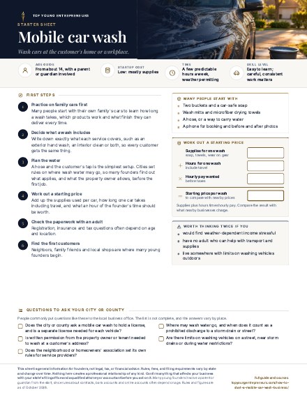 First page of the Mobile car wash starter sheet