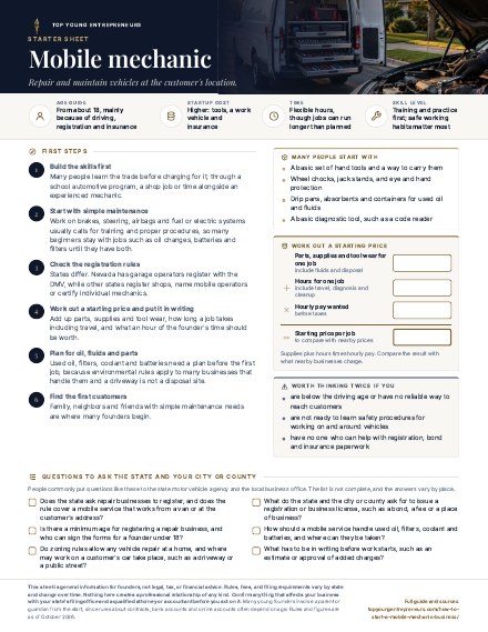 First page of the Mobile mechanic starter sheet