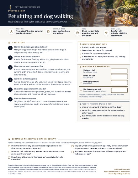 First page of the Pet sitting and dog walking starter sheet