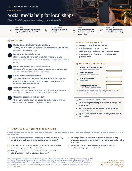 First page of the Social media help for local shops starter sheet