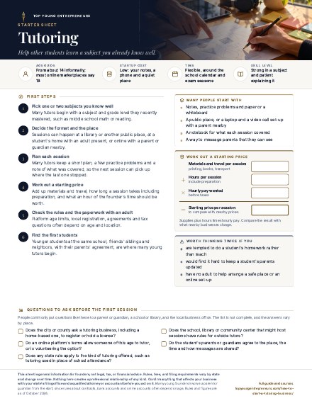 First page of the Tutoring starter sheet