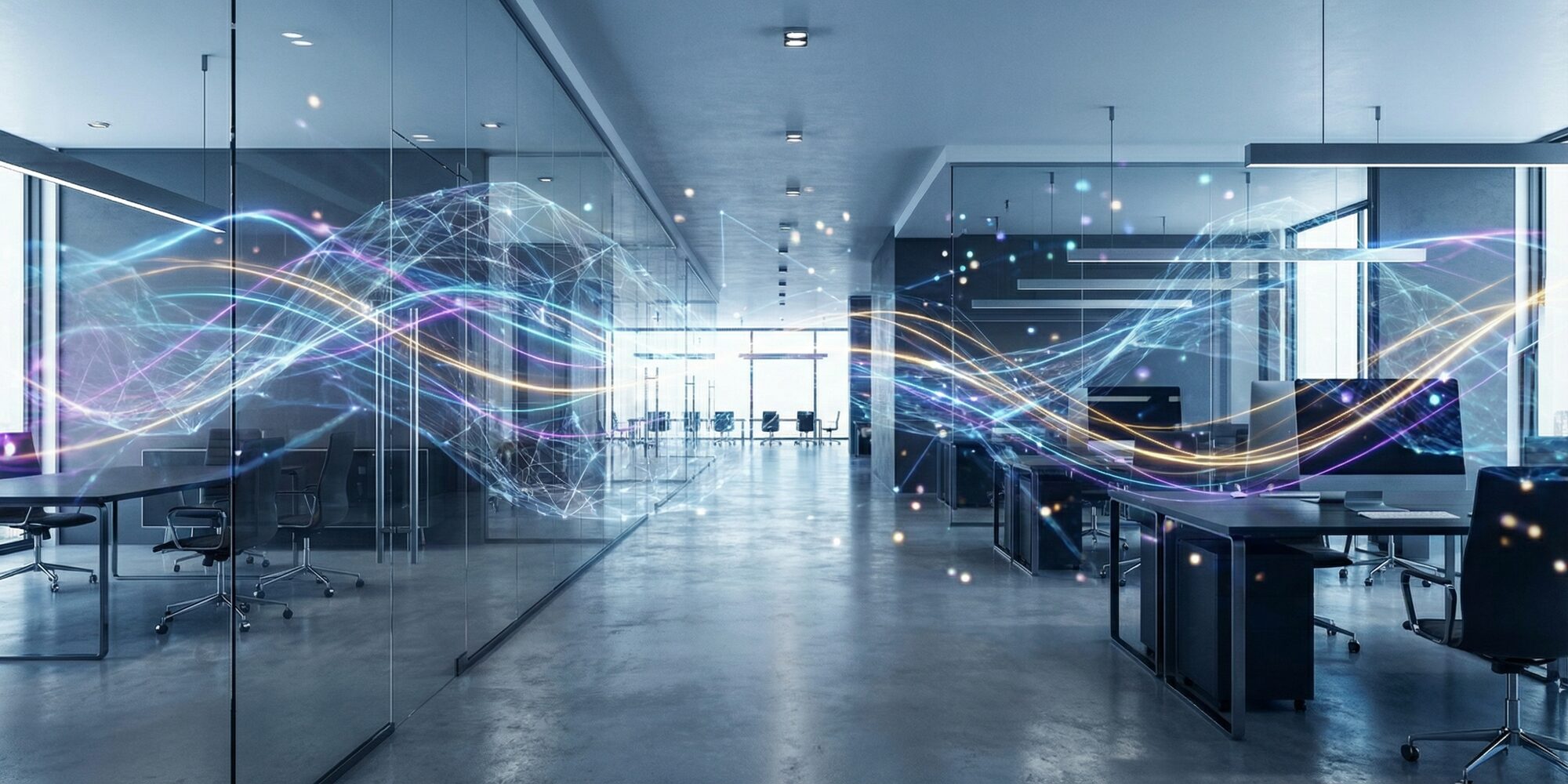 Abstract representation of AI integration in business, glowing neural network patterns merging with sleek office environments