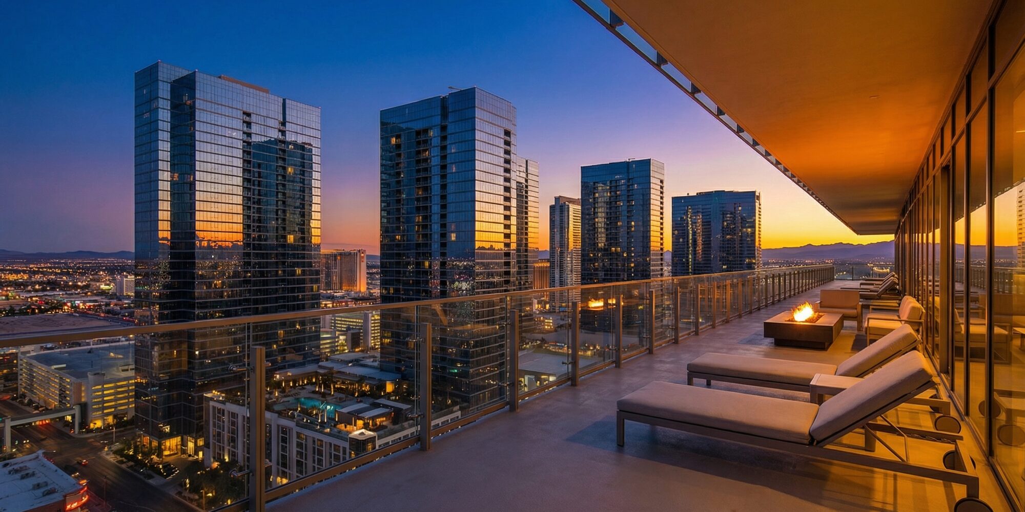 Sleek Las Vegas high-rise architecture at golden hour, mirrored glass towers reflecting desert sky