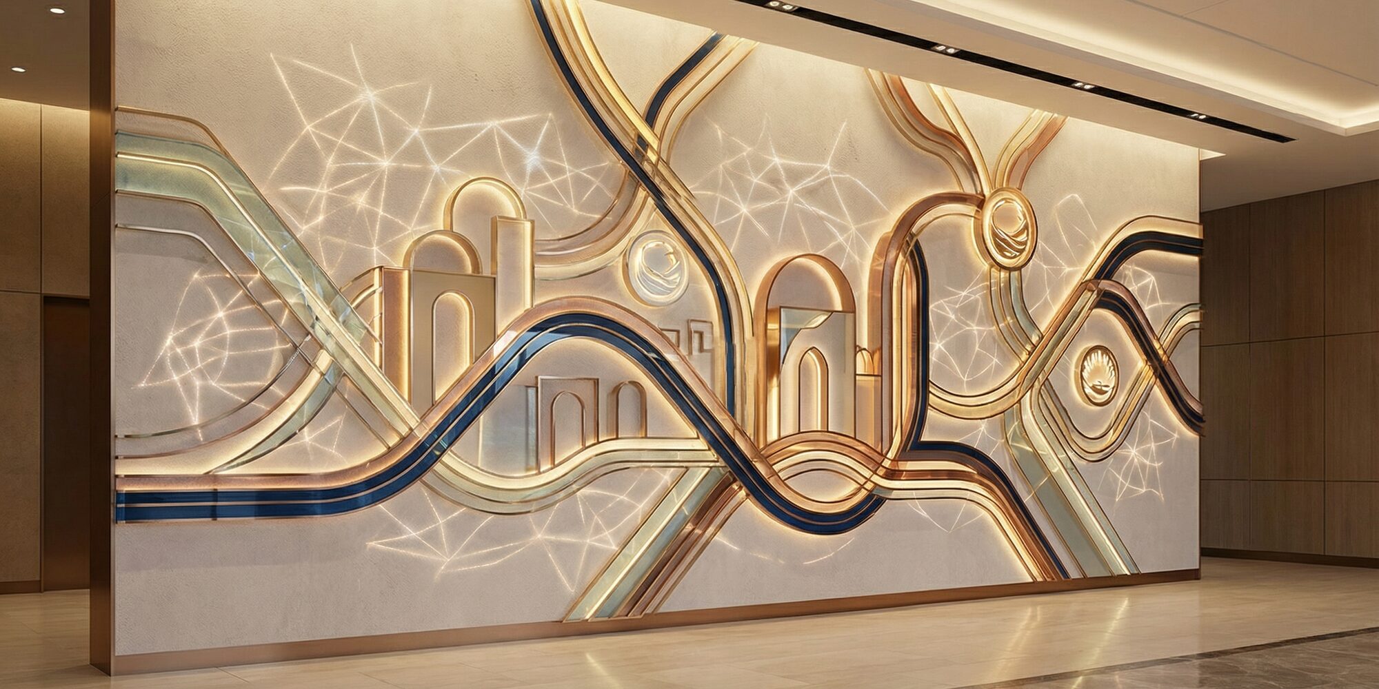 Abstract art representing visionary leadership and community impact in Las Vegas, sleek architectural lines, glowing civic symbols