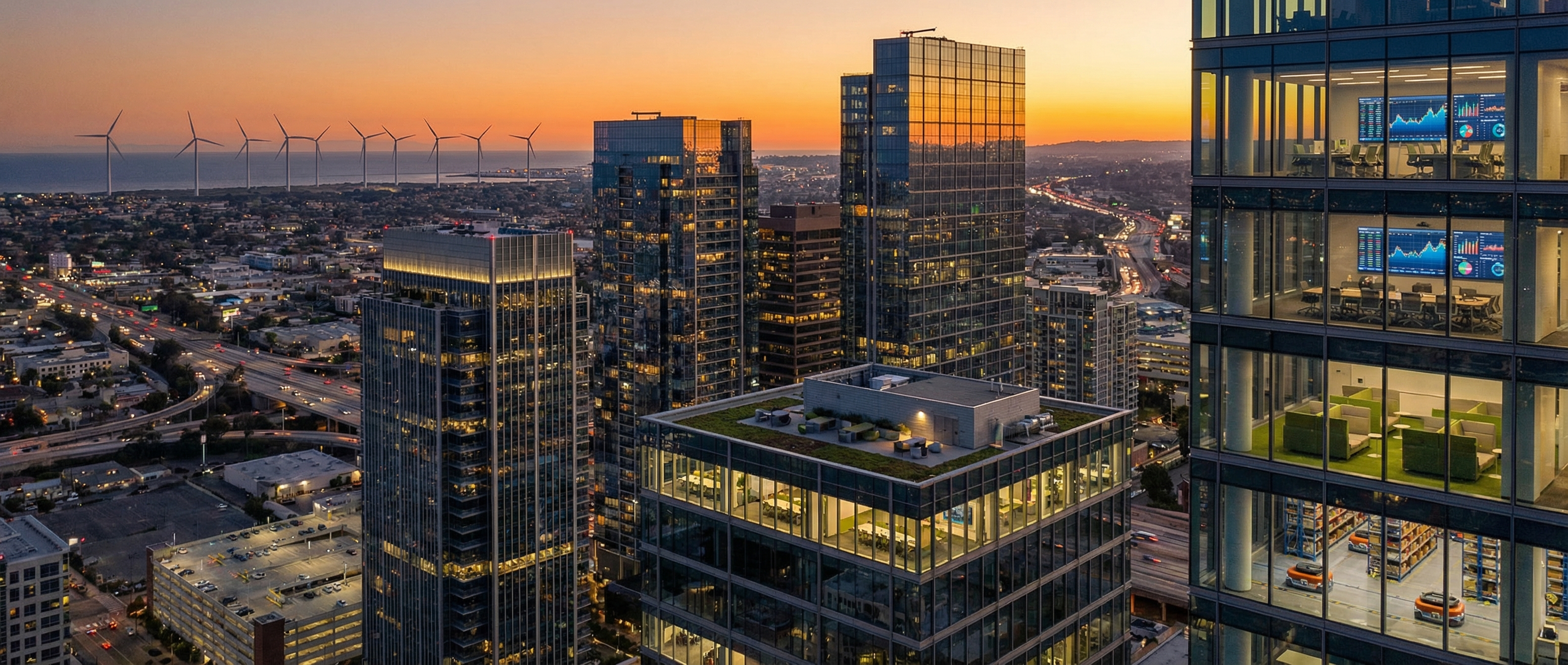 Aerial view of a modern financial district at dusk with glass skyscrapers reflecting golden light, symbolizing the rise of Gen Z entrepreneurship across multiple industries