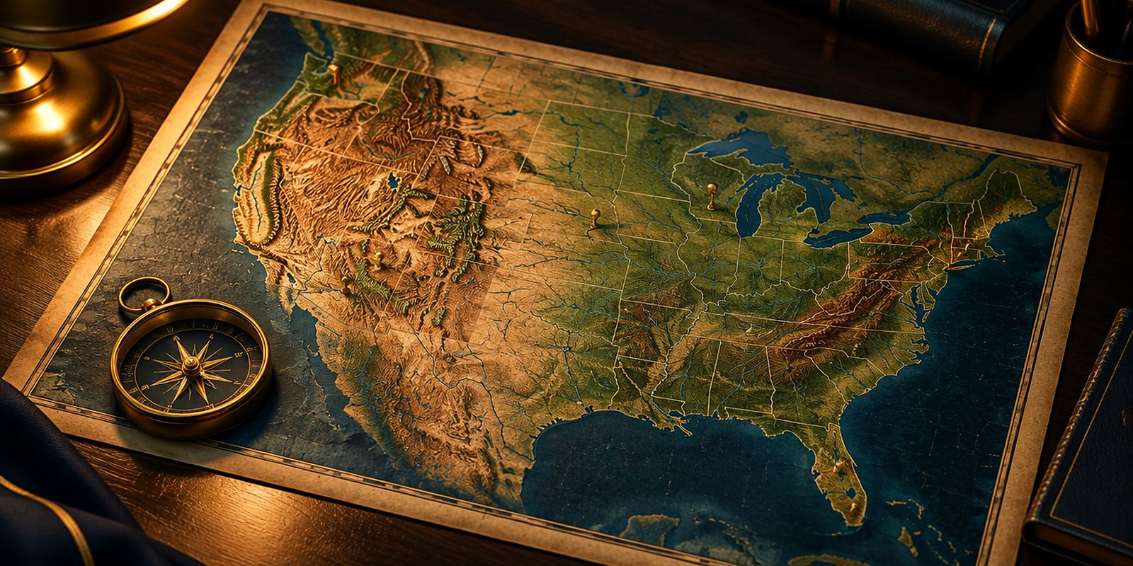 A vintage relief map of the United States on a dark desk with a brass compass and a few gold pins