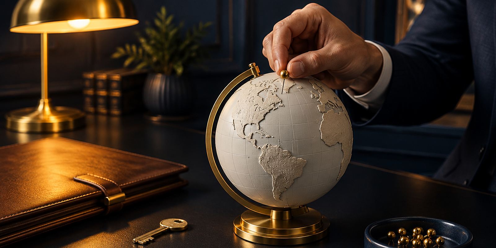 A hand places a gold pin on a relief globe on a dark desk, with a leather folder and a key beside it