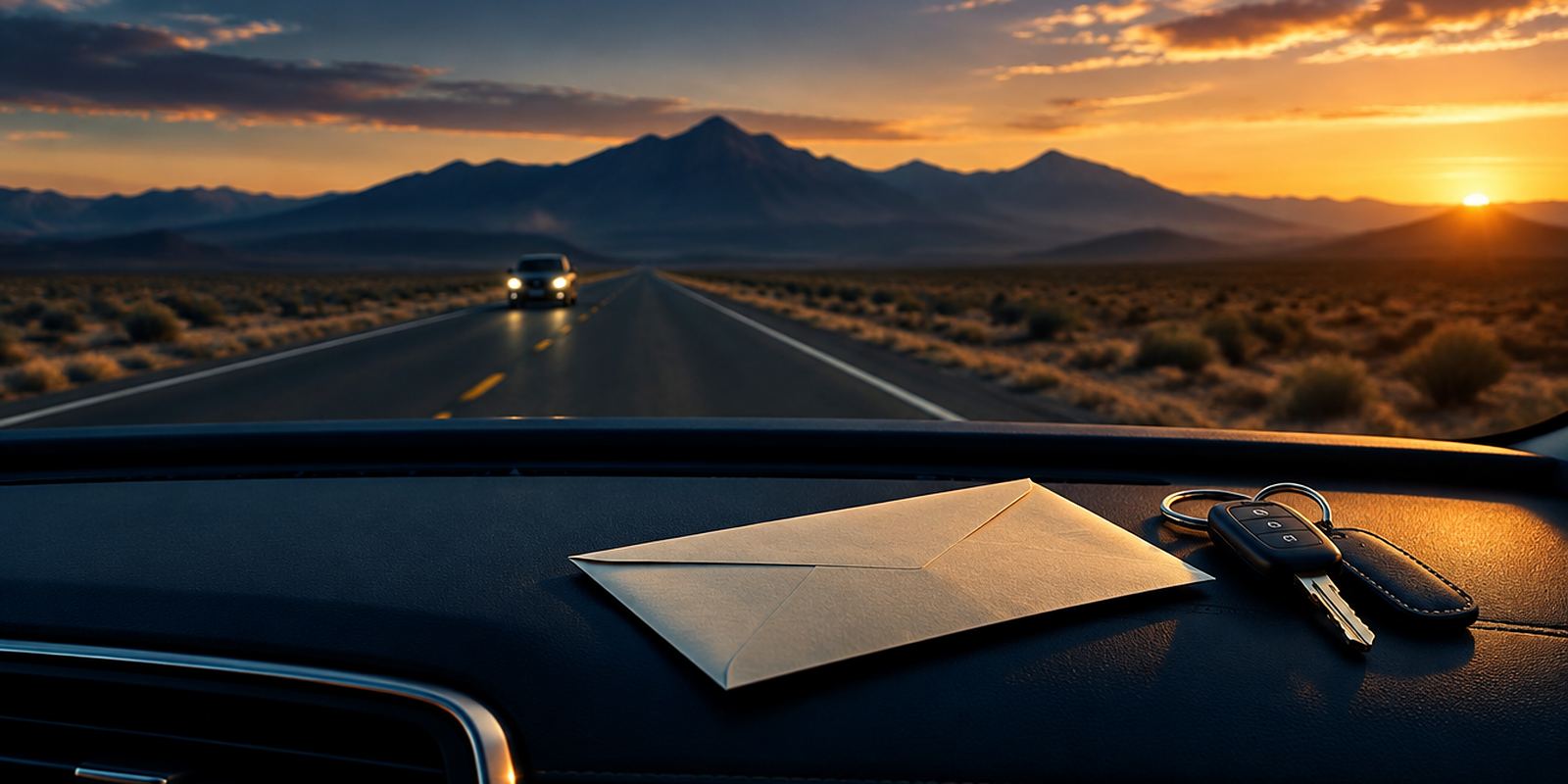 A sealed envelope and car keys on a dashboard, with an open desert highway running toward distant mountains at dusk