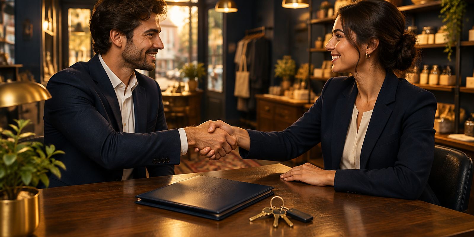 Two young professionals shake hands across a desk, a closed folder and a set of keys between them