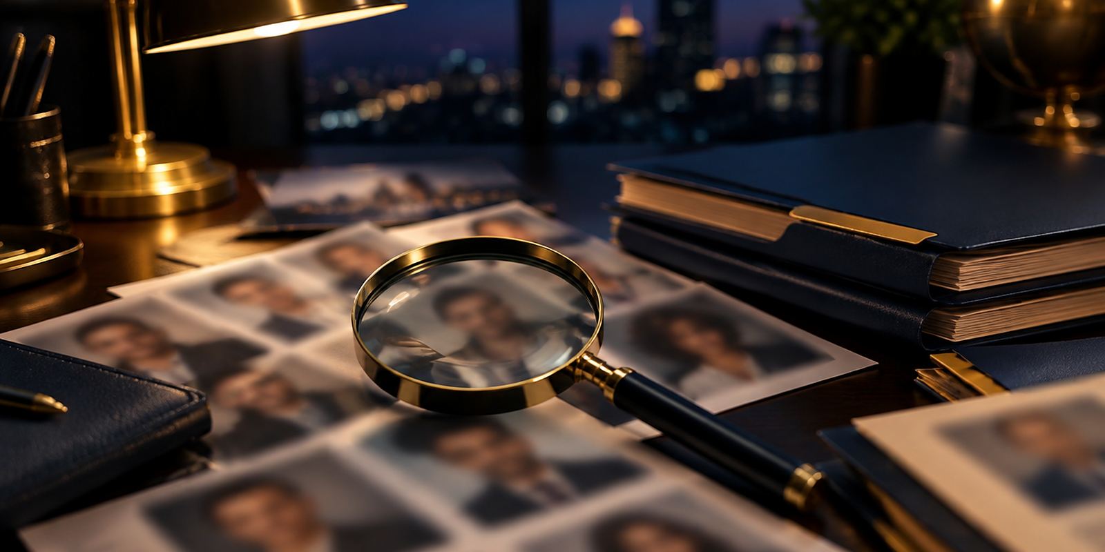 A magnifying glass over a spread of founder portraits and folders on an editor's desk