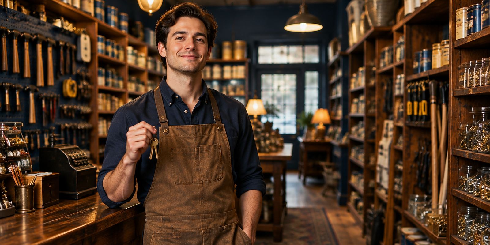 A new owner in a leather apron holds up a set of keys inside a classic small-town hardware store