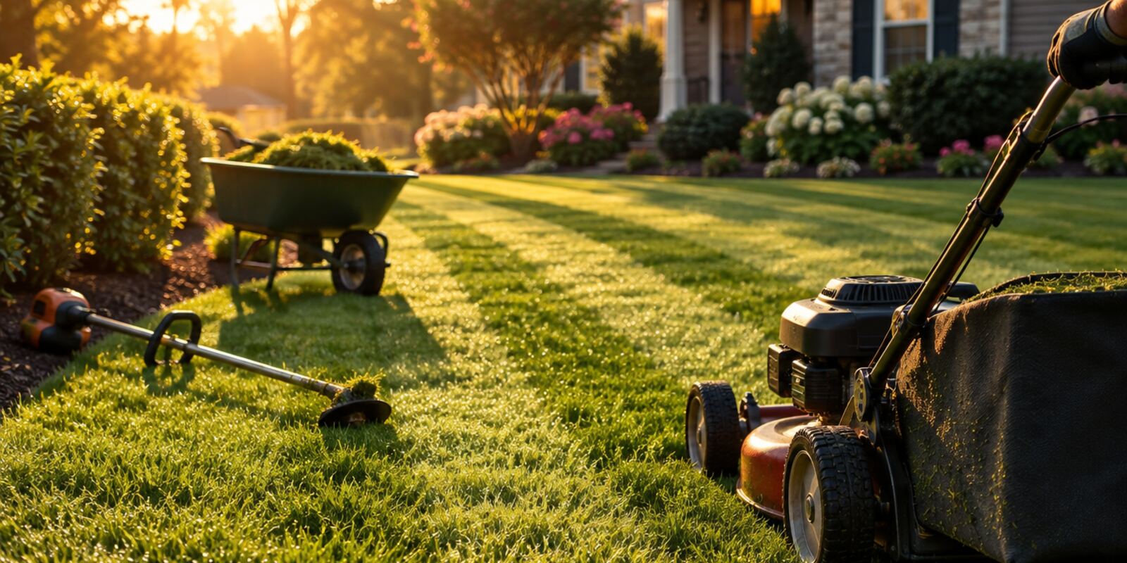 A person kneels on a lawn, edging the grass by hand