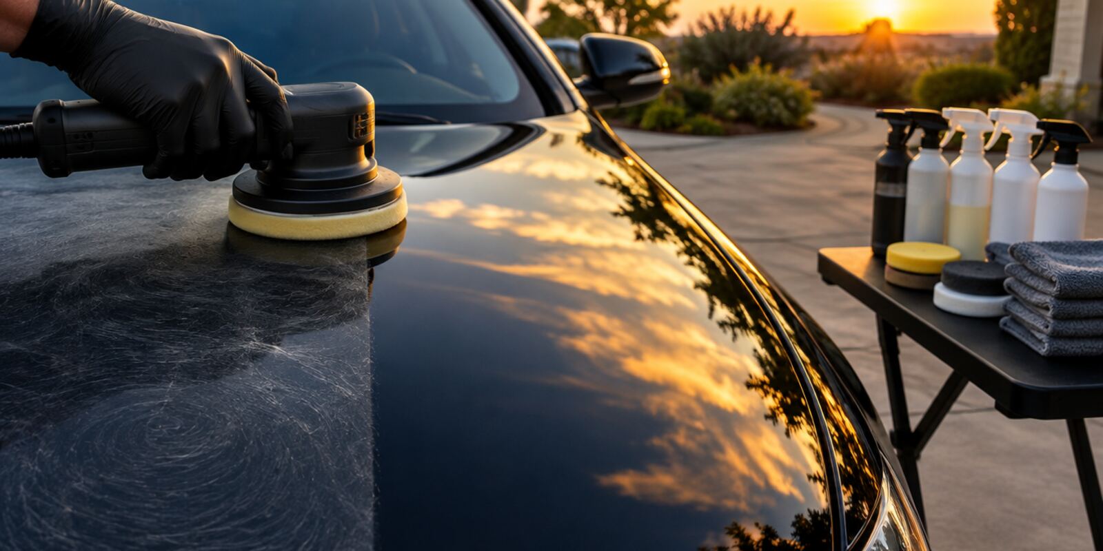 A gloved hand holding a polisher against the hood of a dark car in a driveway at sunset, with spray bottles, pads and towels on a table nearby