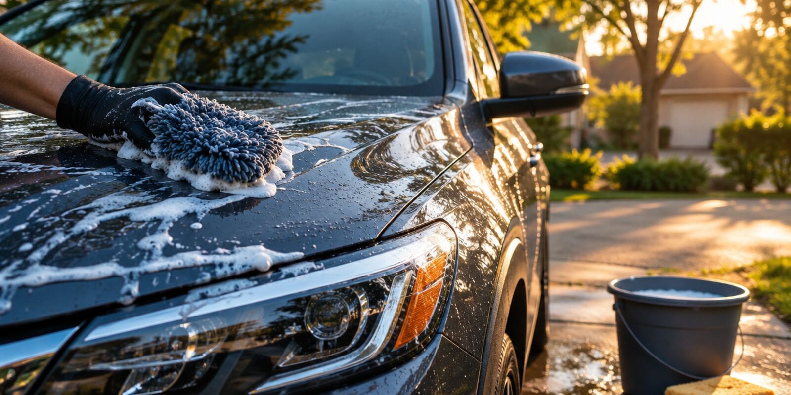 A gloved hand washing a dark car with a microfiber mitt in a suburban driveway at sunrise