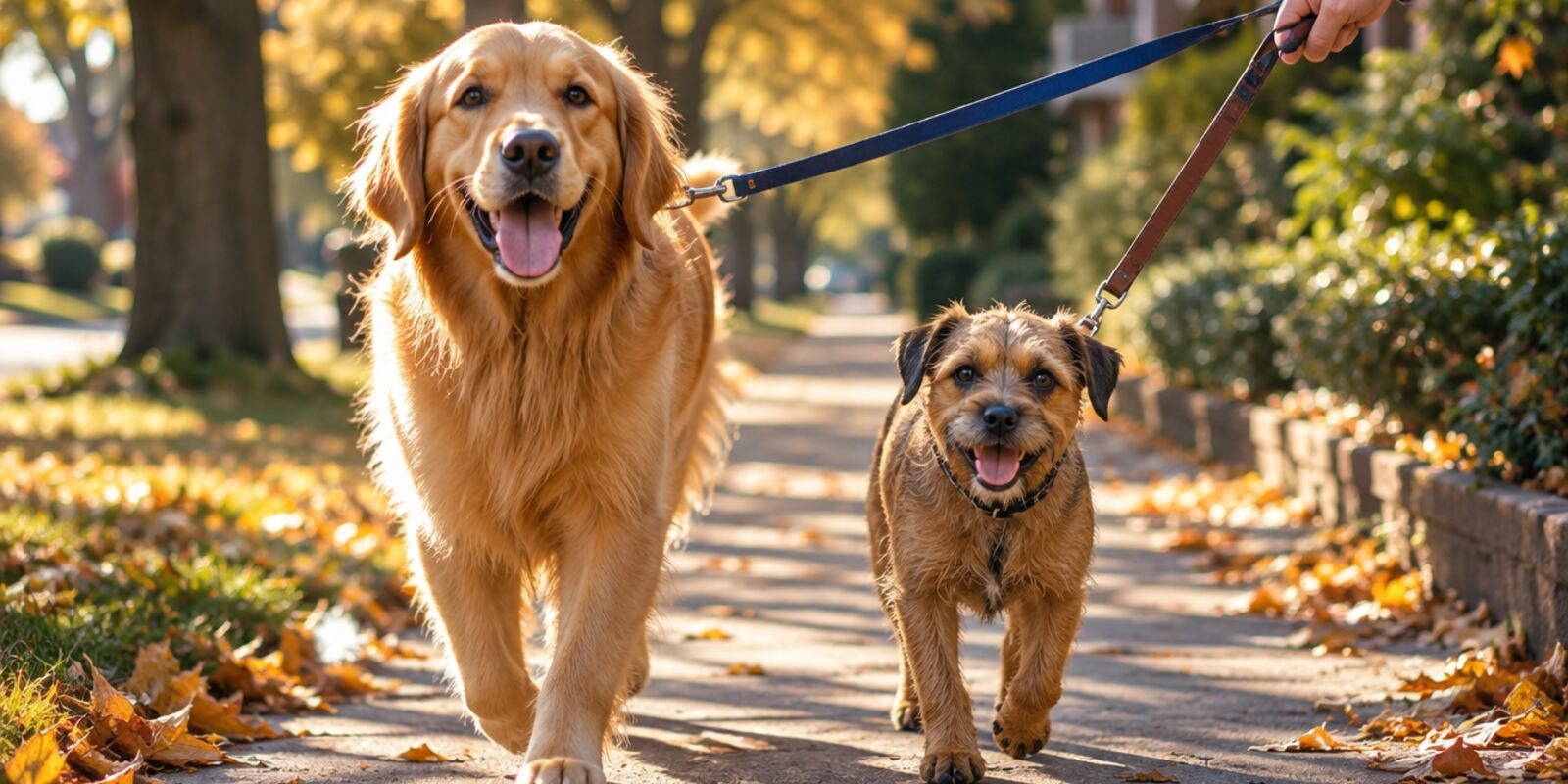 A golden retriever and a terrier mix on leashes walking along a tree-lined sidewalk in autumn