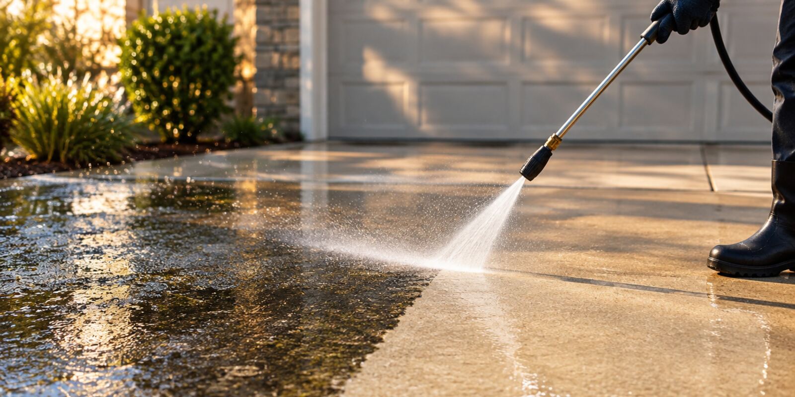 A worker on a ladder pressure-washes the brick siding of a house