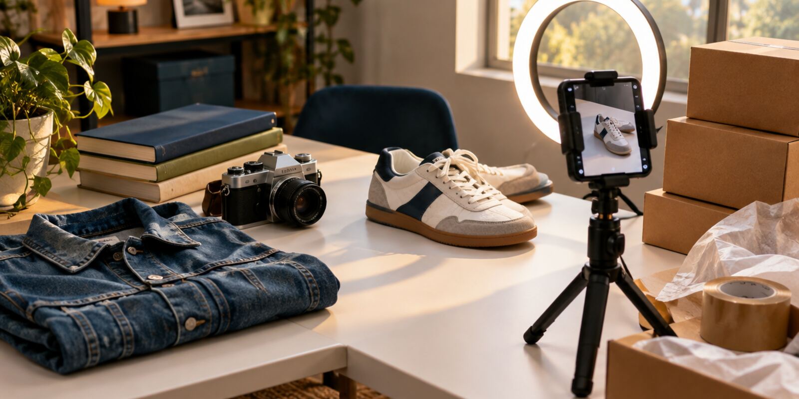 A folded denim jacket, sneakers, a camera, books and a phone on a tripod with a ring light, next to shipping boxes