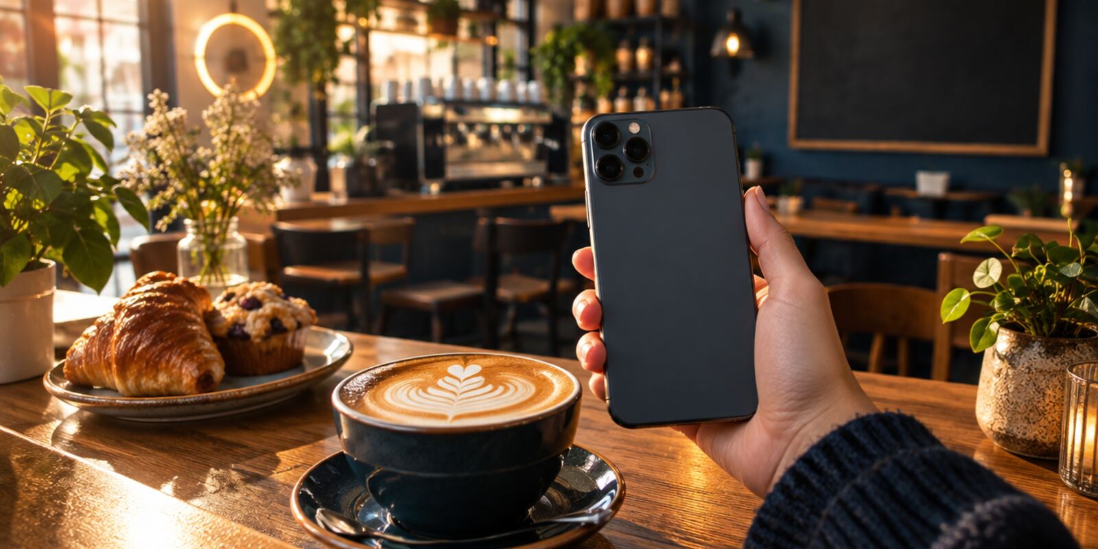 A hand holding a smartphone in a cafe, with a latte and pastries on the table in the background