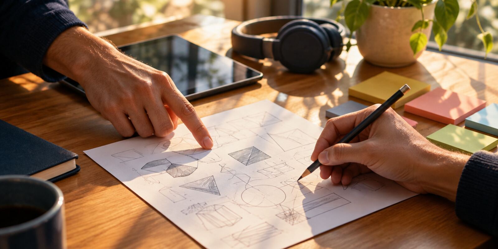 Two pairs of hands working through a hand-drawn diagram on a sheet of paper on a table