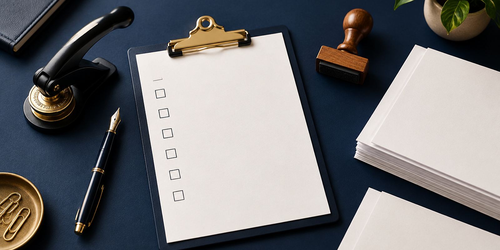 A clipboard with an empty checklist beside a company seal embosser, a fountain pen and a rubber stamp on a navy desk