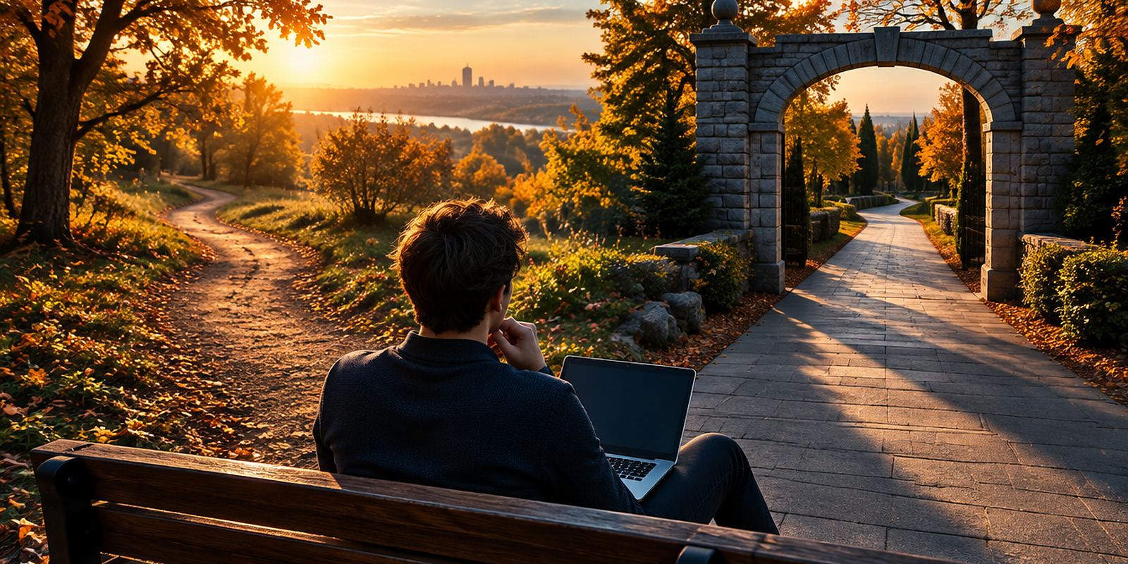 A person with a laptop on a park bench looks at two paths in autumn, a dirt trail and a paved path through a stone gate