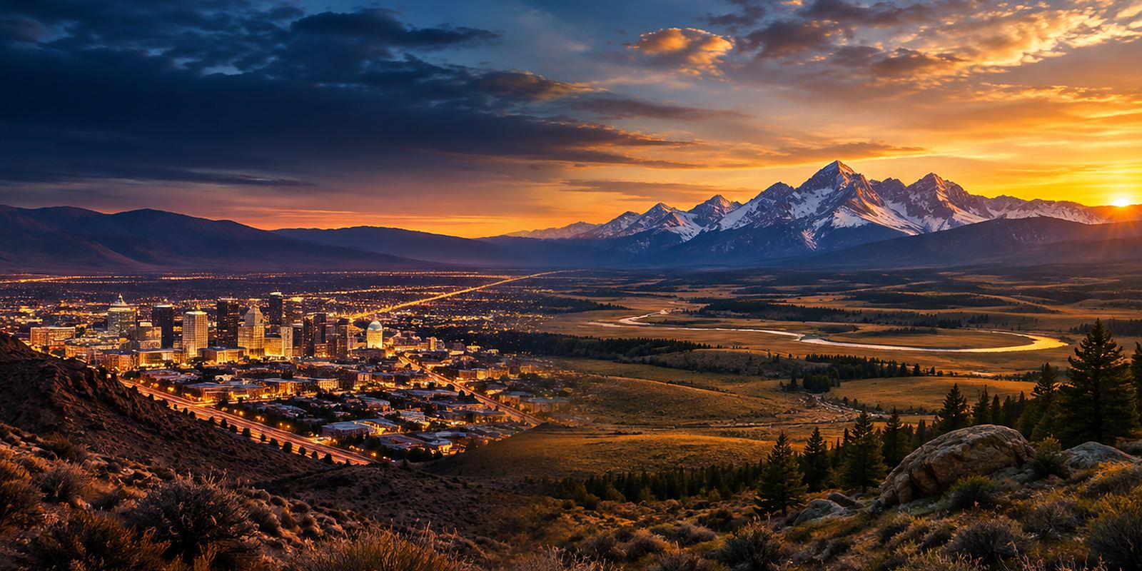 A panoramic view from a desert valley city glowing at dusk across open plains to snow-capped mountains at sunset