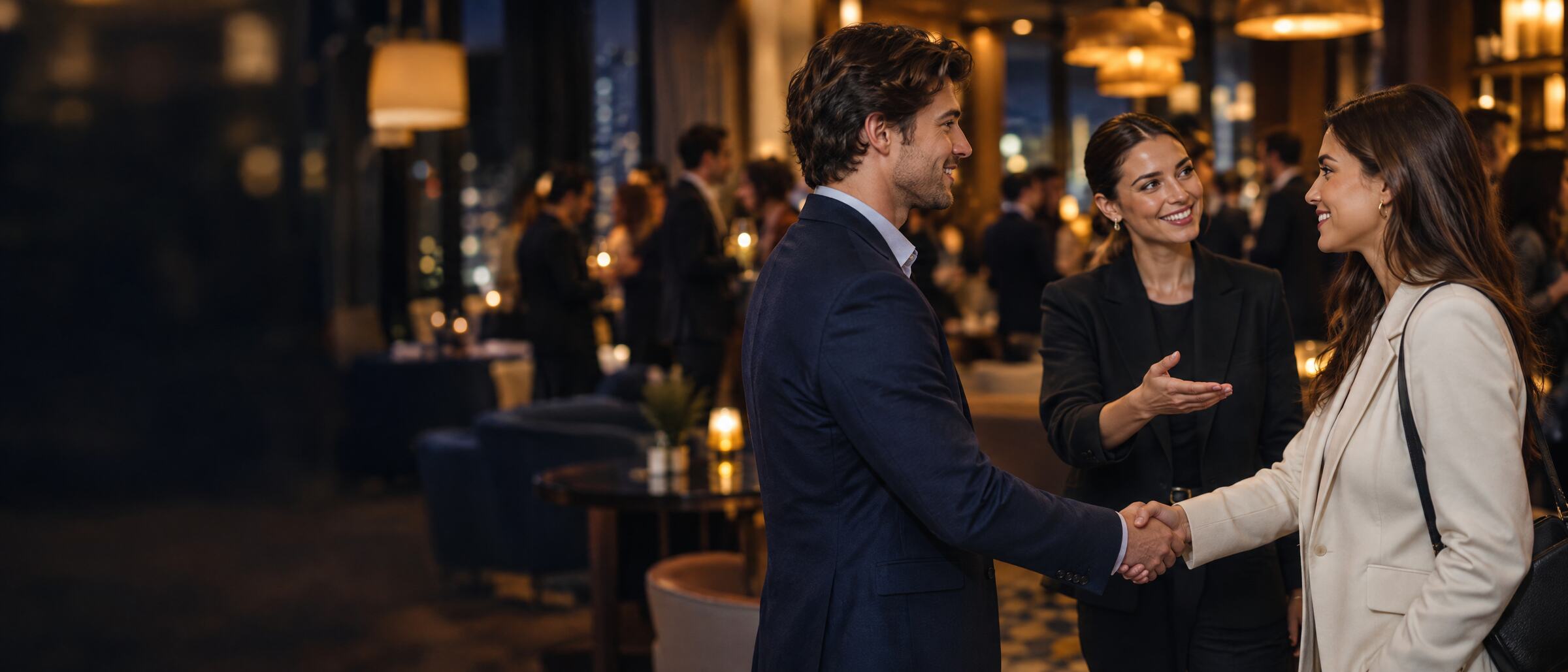 Founders greeting each other at an evening reception