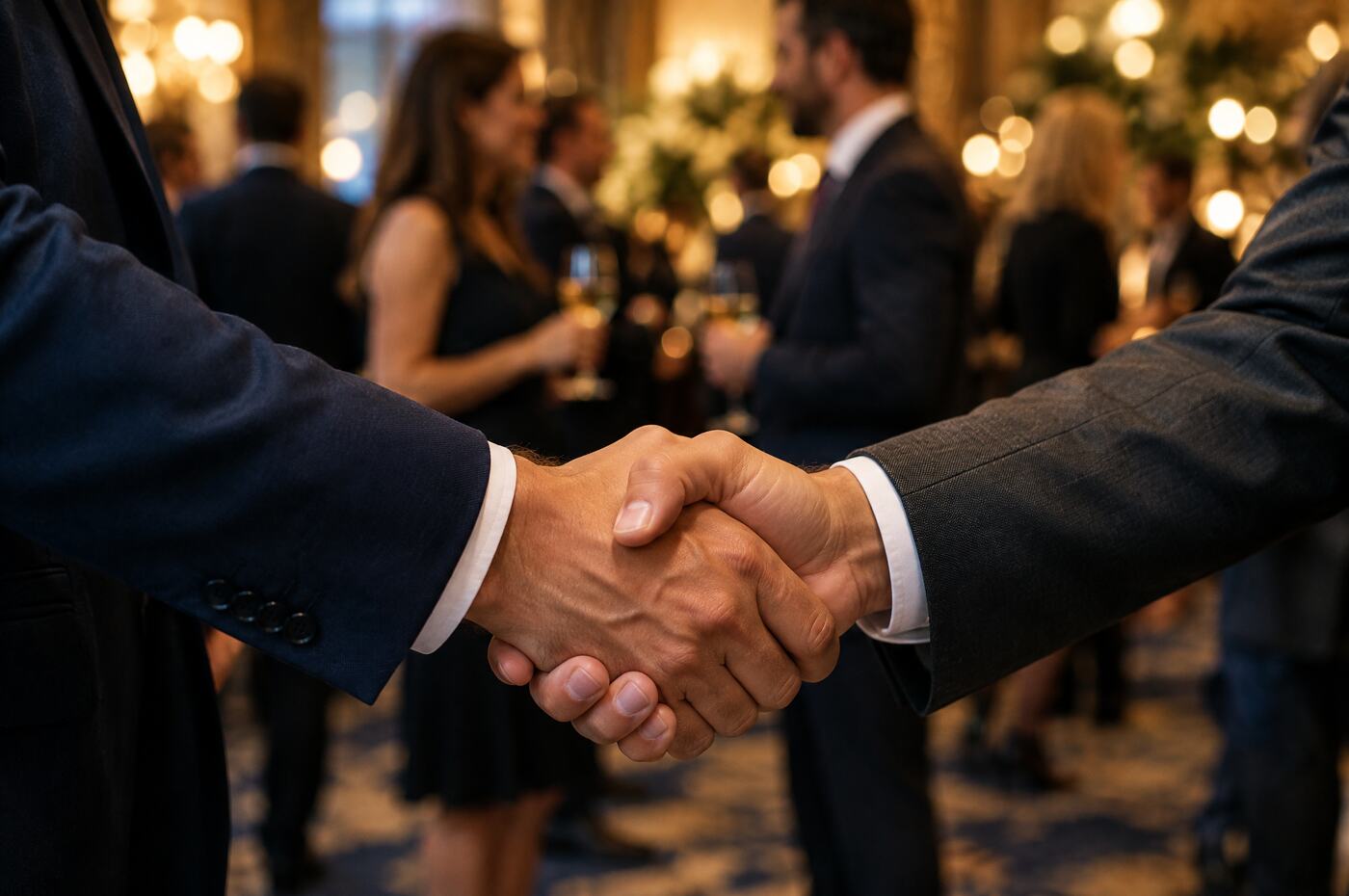 Two people at a conference table, a notebook and pen beside a handshake