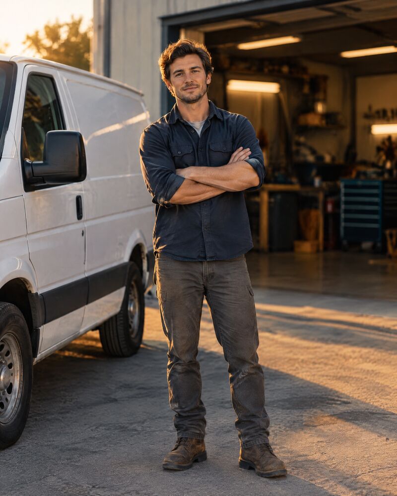 A young tradesman with his arms crossed stands in front of a work van outside his workshop at sunset