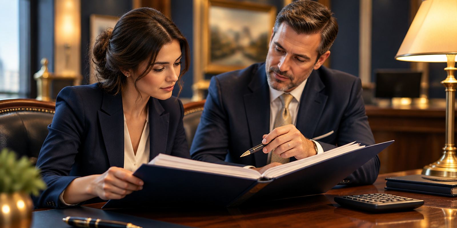 A business owner and a banker review a thick loan application folder at a polished bank desk