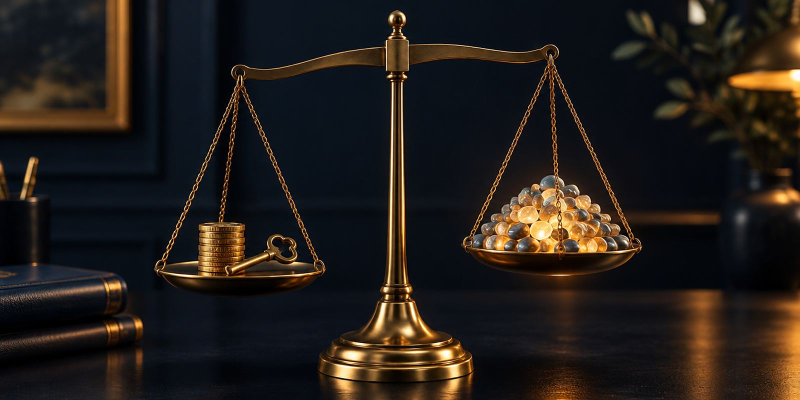 A brass balance scale holding gold coins and a key on one side and a heap of glowing pebbles on the other
