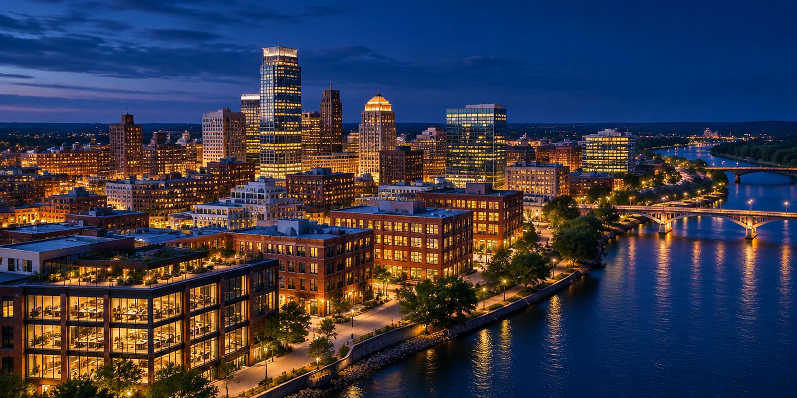 Aerial view of a mid-size American downtown at blue hour, with lit loft offices and a river curving through