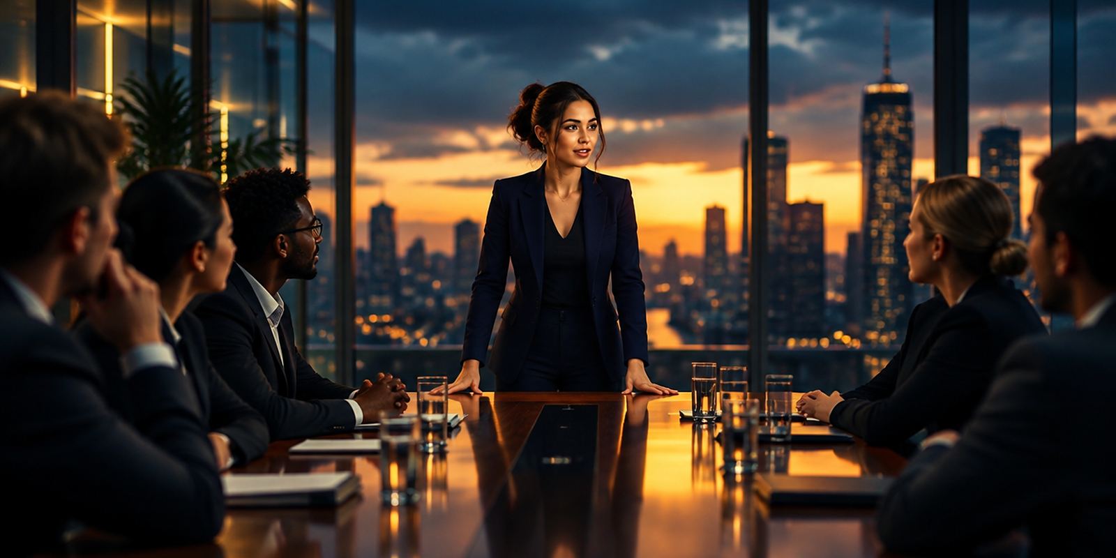 A team leader stands at the head of a long conference table while colleagues listen, a city skyline glowing behind them
