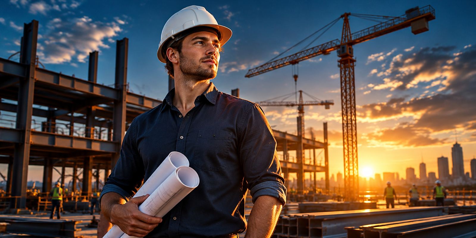 A young builder in a hard hat holds rolled blueprints on a construction site at sunrise, cranes and steel beams behind
