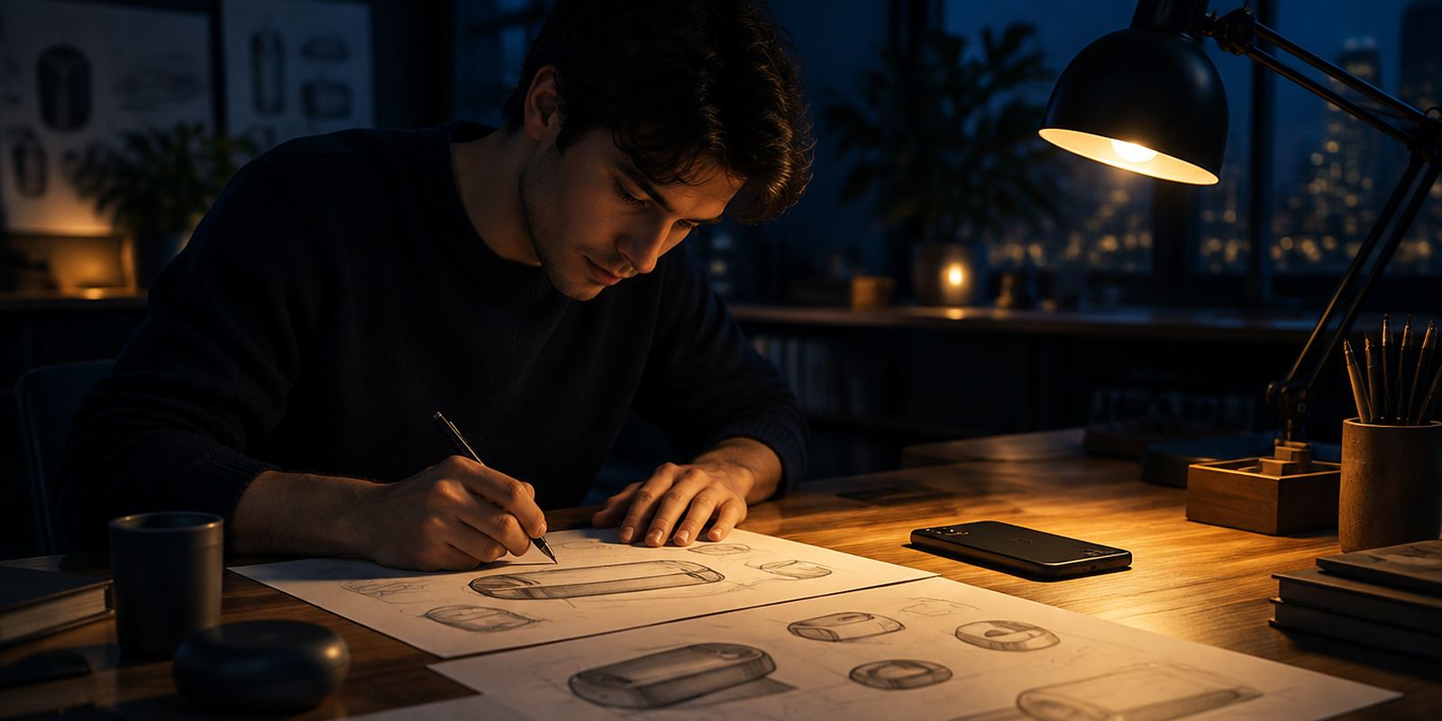 A founder sketches product prototypes by lamplight at a late-night workbench, phone face down beside the drawings