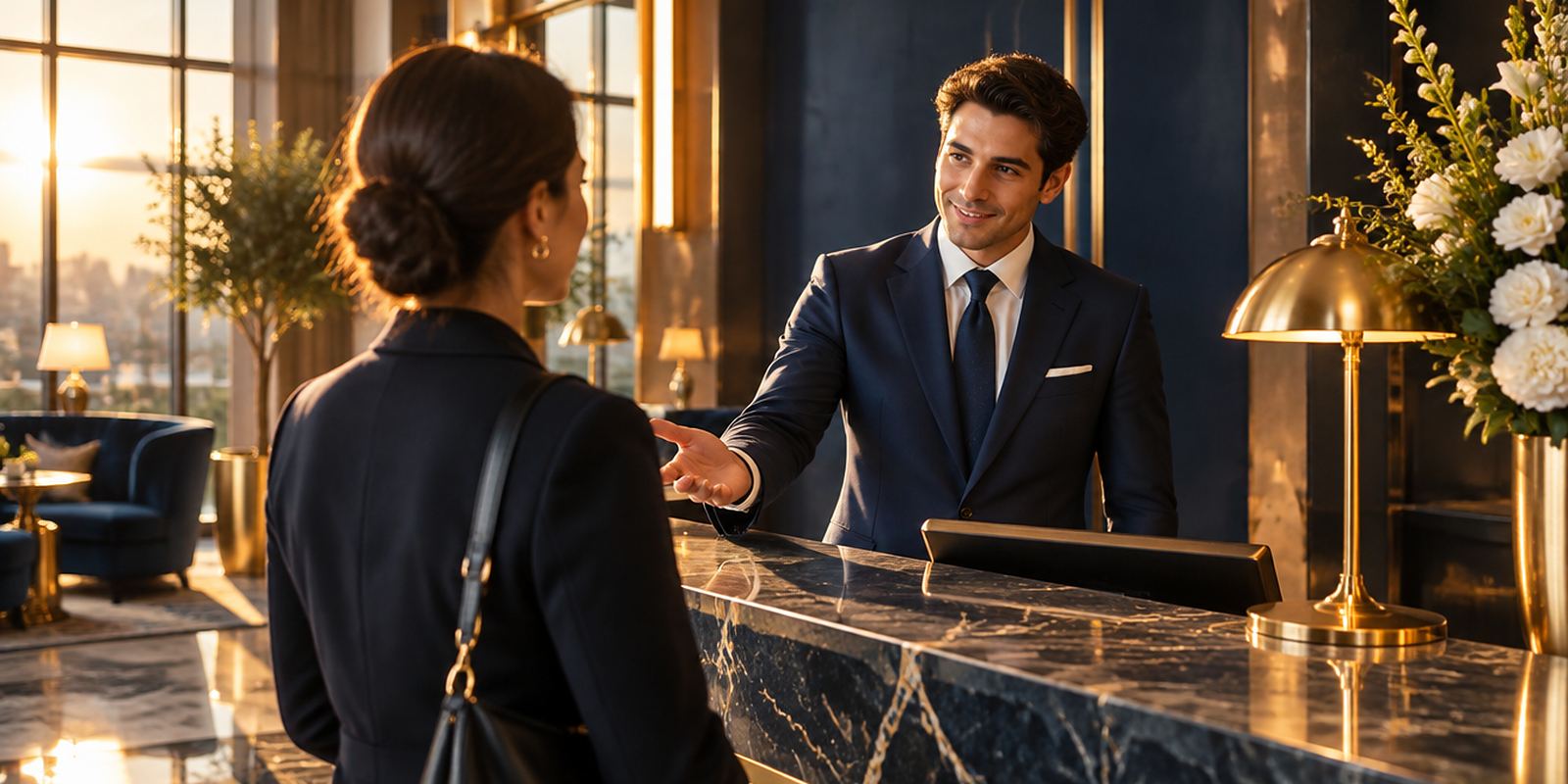 A hotel host in a navy suit welcomes a guest at a marble front desk in a boutique hotel lobby