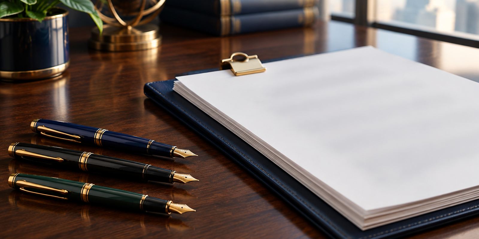 A bound agreement with a gold clip on a walnut table, three fountain pens laid beside it for multiple signers