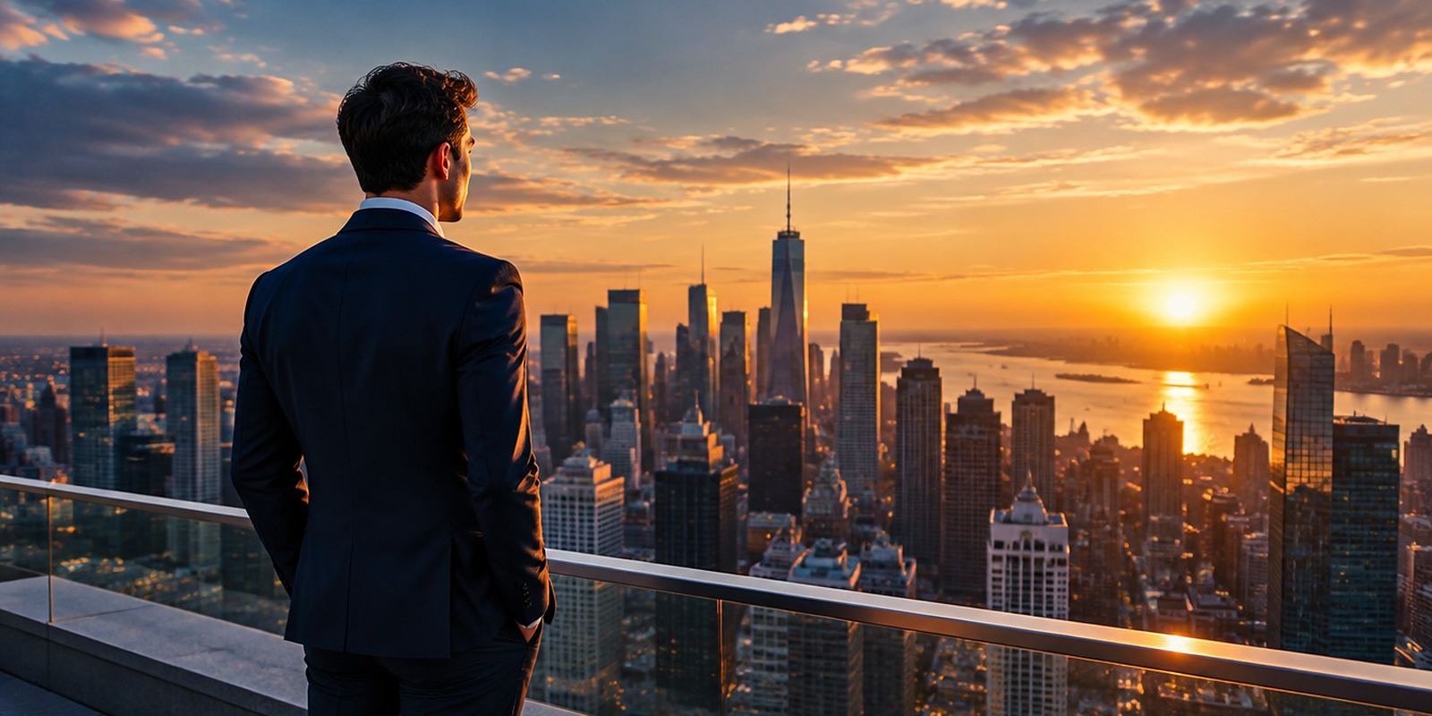 A young founder in a navy suit looks out over a city skyline from a rooftop at golden hour