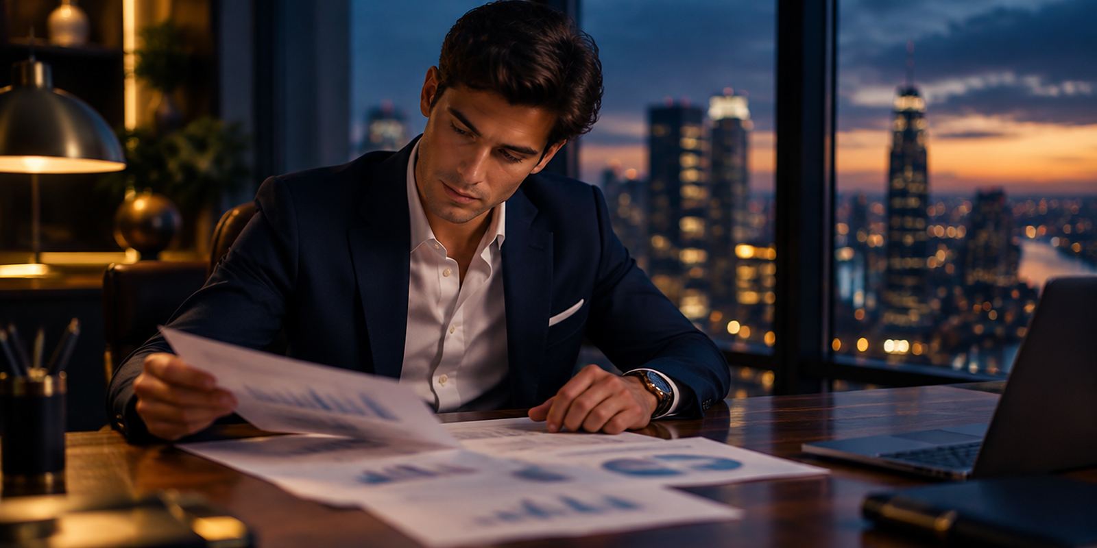 A young investor in a navy blazer studies printed charts at a desk beside a window overlooking a city at dusk