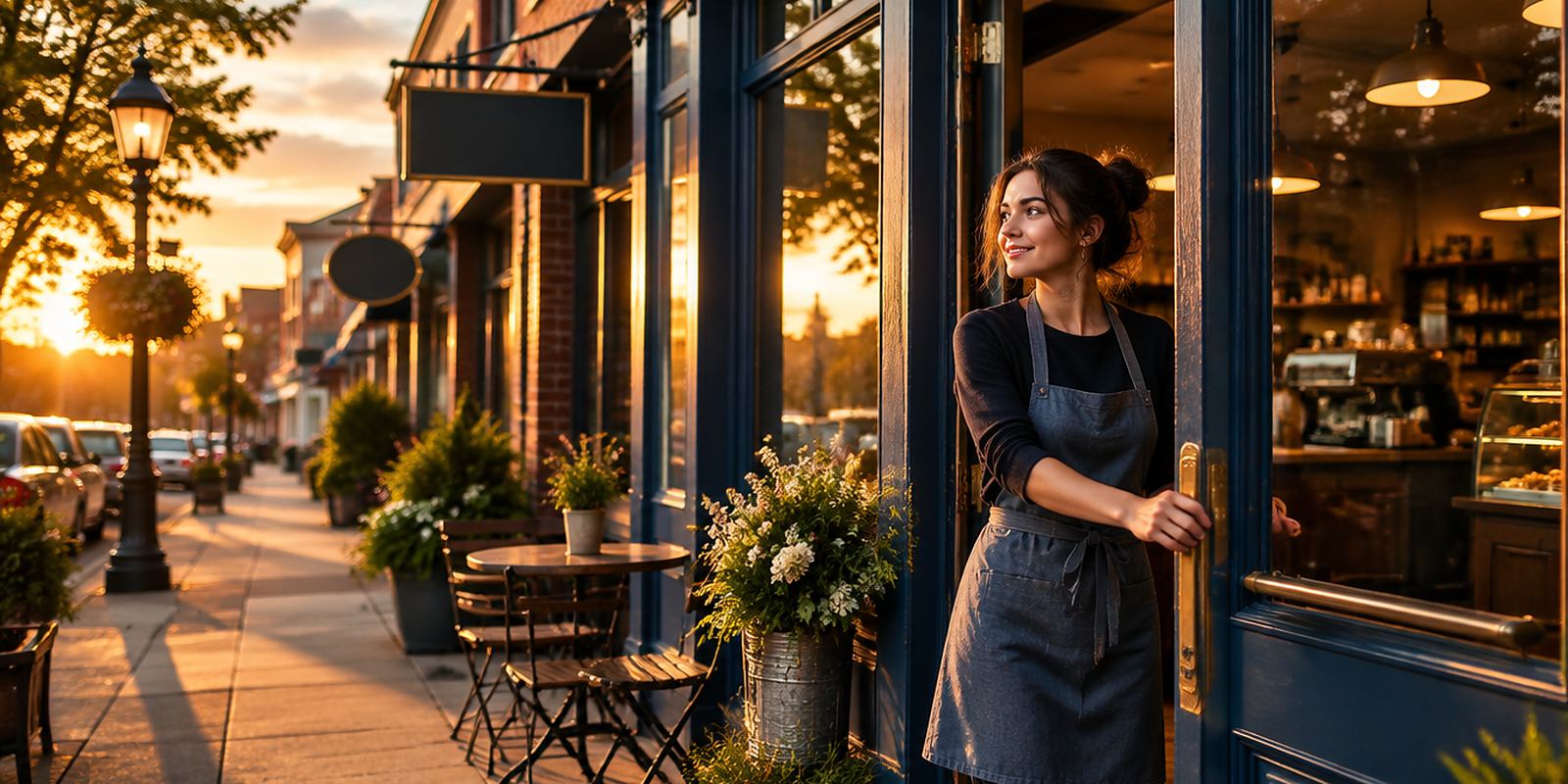 A young cafe owner opens the door of their shop on a main street of independent storefronts at golden hour