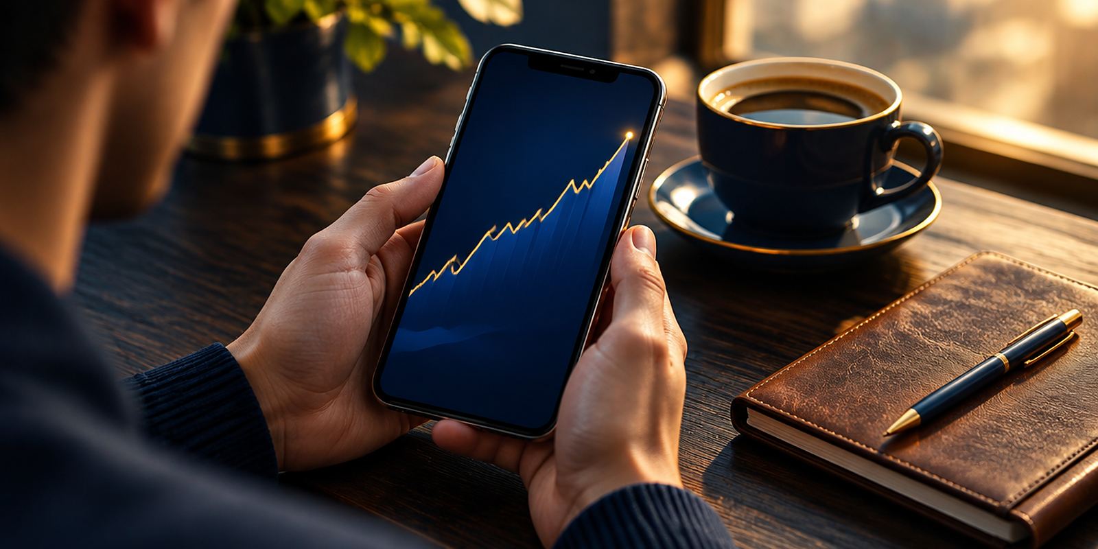 Hands hold a smartphone showing a rising line chart beside a coffee cup and leather notebook on a dark wood table
